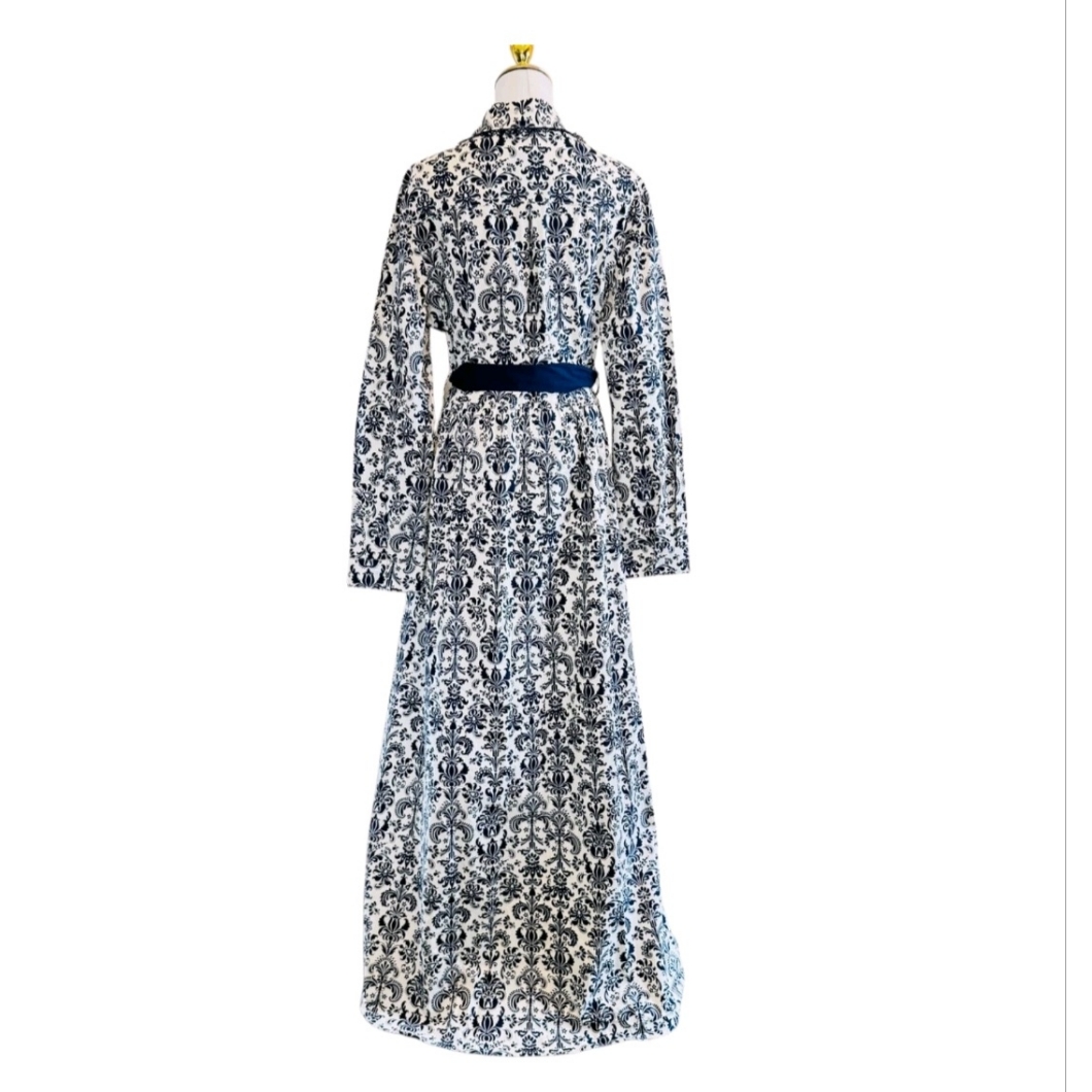 Trish Scully Constance Maxi Dress Navy Damask Sz 14 Jewel Collar Long Sleeve Nwt — image 2 of 7